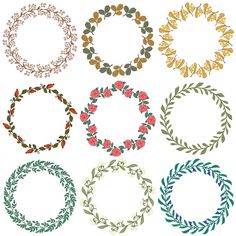 six different wreaths with leaves and flowers on the sides, all in various colors