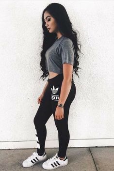 black adidas leggings + black and white striped adidas shoes + cropped gray tshirt l sporty chic casual activewear outfit #sporty #athleisure Sneakers Fashion Outfits, Fashion Goals, Tumblr Outfits, Adidas Outfit, Dope Outfits, Outfits Fashion, Ladies Dress Design, Style Outfits