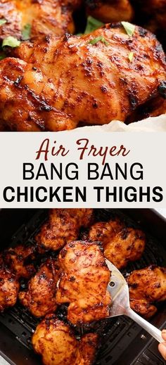 an air fryer with chicken thighs in it and text overlay that says air fryer bang bang chicken thighs