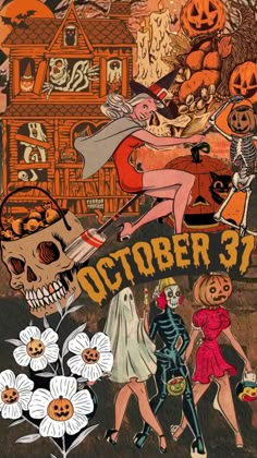 an old halloween poster with people dressed up in costumes and pumpkins on the ground