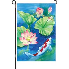 a garden flag with water lilies and a koi fish swimming in the pond