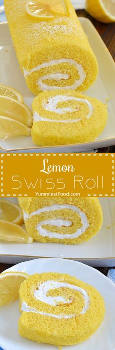 lemon swiss roll on a white plate