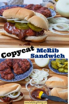 two pictures of sandwiches with meat, onions and pickles