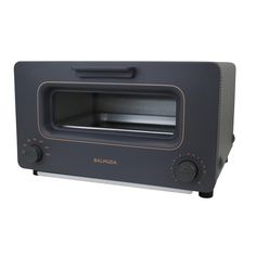 a black toaster oven with an open door on the front and one side is shown