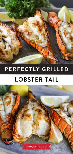 grilled lobsters with lemon wedges and parsley garnish on the side