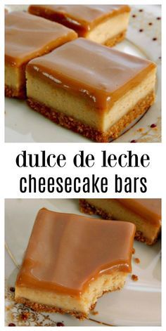 three different images of cheesecake bars with caramel icing