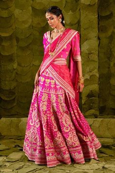 Hot pink lehenga embellished with silk tape, aari gold zari embroidery in paisley pattern, comes with separate cancan. Paired with an embroidered blouse and embroidered dupatta. - Aza Fashions Hot Pink Lehenga, Lehenga Pattern, Zari Embroidery, Pink Lehenga, Bridal Lehengas, Bridal Lehenga, Embroidered Silk, Paisley Pattern, Embroidered Blouse