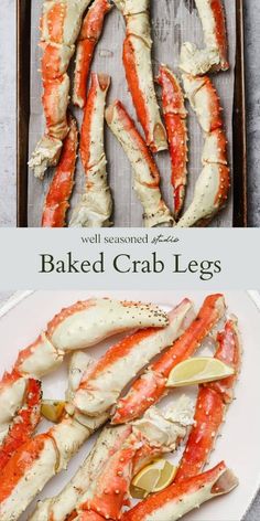 baked crab legs with lemon wedges on the side and in a baking pan, ready to be eaten