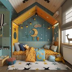 a child's bedroom with blue walls and yellow accents