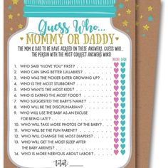 a card with the words guess who mommy or daddy on it, and an image of a