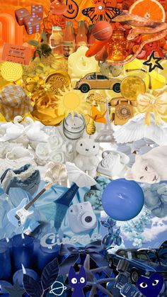 an abstract collage with many different objects in it's colors and sizes, including oranges, yellows, blue, and white