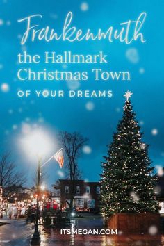 a christmas tree in front of a blue sky with the words franklin, the hallmark christmas town of your dreams