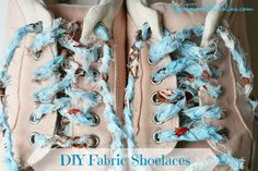 a pair of pink shoes with blue laces on them and the words diy fabric shoelaces