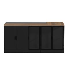 a black cabinet with doors and drawers