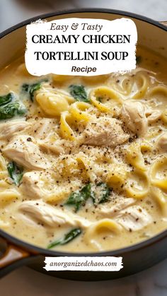 creamy chicken tortellini soup in a skillet