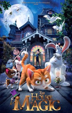 the movie poster for the house with cats and dogs in front of a creepy house