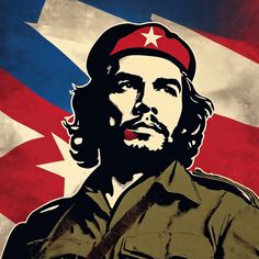 an image of che guevan in front of the cuban american flag with a red, white and blue background