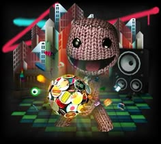 a cartoon character holding a soccer ball in front of an image of a cityscape