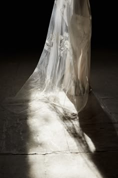 a woman in a wedding dress and veil standing on a stone floor with her back to the camera