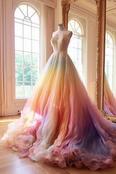 Colored Wedding Dresses Tulle & Chantilly, Rainbow Dress Women Wedding, Rainbow Gown Dress, Plus Size Wedding Dresses Rainbow, Rainbow Veil Wedding, Wedding Dresses Rainbow, Unique Wedding Dresses Different Colour, Fancy Costume Ideas, Holographic Wedding Dress