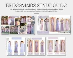 the bridesmaids style guide is shown in several different colors and styles, including lavenders