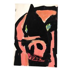 an abstract painting of a black cow with green eyes and pink backround, against a white background