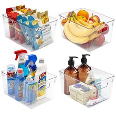 three plastic containers filled with different types of household cleaning products and soaps on top of each other