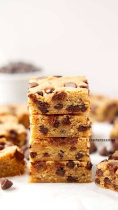 chocolate chip cookie bars stacked on top of each other