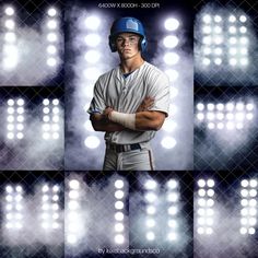 a baseball player with his arms crossed in front of spotlights