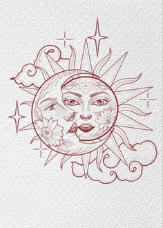 a drawing of the sun and moon with stars on it's face, in red ink