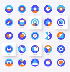 various circles with different shapes and sizes on them, all in blue and orange colors