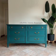 a blue dresser with gold handles and brass knobs sits in front of a potted plant