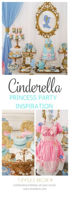 a princess party with blue and pink decorations, gold trimmings and cake stands