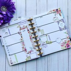 an open planner book sitting next to a purple flower