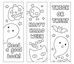 halloween bookmarks with the words trick or treat, happy halloween and read a good book