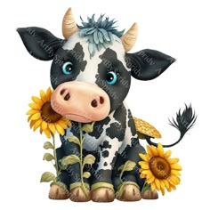 a black and white cow with blue eyes sitting next to sunflowers