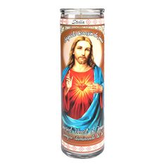 the sacred heart of jesus prayer candle is shown on a white background with an image of jesus