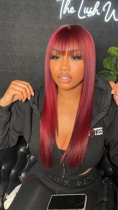 Red Sew In Black Women, Cranberry Colored Hair, Red Hair With Bangs Black Women, Red And Black Sew In, Red Sew In With Bangs, Red Birthday Hairstyles For Black Women, Deep Red Wig Black Women, Red Bangs Black Women