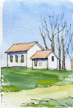 a watercolor painting of two white houses on a green field with trees in the background