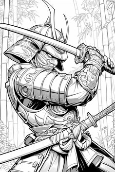 Explore the spirit of the samurai with this beautifully detailed coloring page. Featuring a fierce warrior in full traditional armor, the intricate designs on his helmet and protective gear stand out as he holds his katana ready for action. The calm bamboo forest background adds contrast to the warrior's intense focus, creating a scene full of power and elegance. Ideal for fans of Japanese culture and detailed artwork, this coloring page offers an immersive experience, allowing you to add your own color to the powerful image of this legendary fighter. Japanese Art Traditional, Simple Samurai Drawing, Drawing Of Samurai, Samurai Manga, Japanese Armor Design