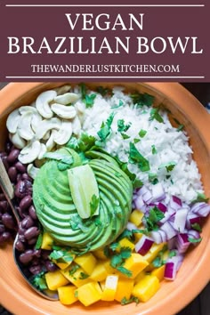 a bowl filled with rice, beans and avocado