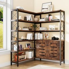 an open bookcase with many books on it in front of a window and a rug