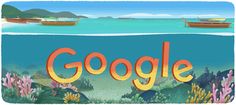 the words google are in front of an ocean scene with boats and corals on it