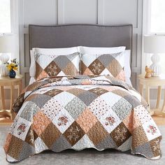 PRICES MAY VARY. Flower Patchwork Quilt: Modern printing techniques and floral patchwork create a retro rustic farmhouse country style, stylish and beauty, perfect fit for your home use and update your decorative. Premium Microfiber Lightweight Quilt: Brown grey quilt king size is made of microfiber, breathable, lightweight and suitable for all seasons, super soft and smooth, help you enjoy a peaceful sleep. 3 Layers: With special stitched technology to maintain the floral patchwork quilt, you c Queen Size Bedspread, Floral Bedding Sets, Brown Bed, Floral Bedding, Floral Patchwork, Bedspread Set, Quilted Bedspreads, Bed Sets, Coverlet Set