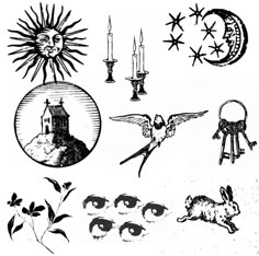 an ink drawing of different things in black and white, including the sun, moon, and stars