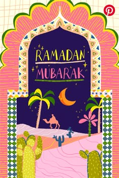 the raman mubarak poster is shown in pink and green colors, with palm trees