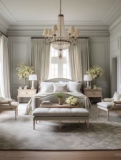 an elegant bedroom with gray walls and furniture