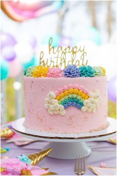 3rd Birthday Rainbow Theme, Pink Cake With Rainbow, Rainbow Cake 3rd Birthday, Pink Rainbow Birthday Cake, Flower And Rainbow Cake, Pink 2nd Birthday Cake, Rainbow Pink Cake, Pink Birthday Cake With Sprinkles, Pink Cake Birthday Kids