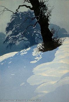 a painting of a tree in the snow