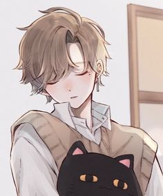 an anime character holding a black cat in his arms and looking at the camera with one eye open